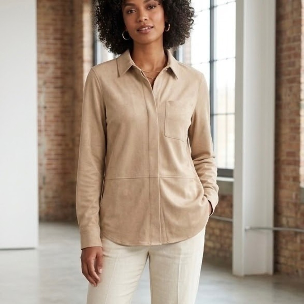 Tea N Rose Faux Suede Zip Front Shacket in Camel Tan Women's Size M